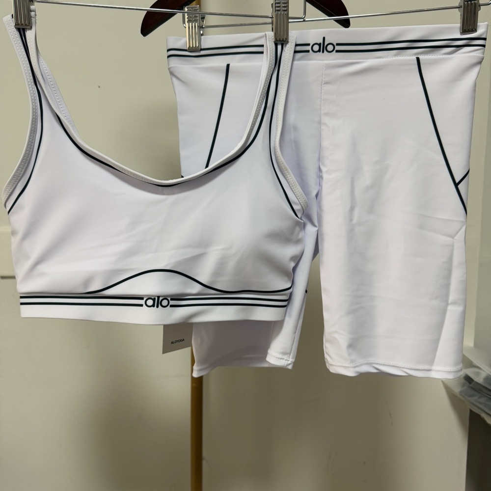 ALO Yoga White and Black Sports Bra and Shorts Set